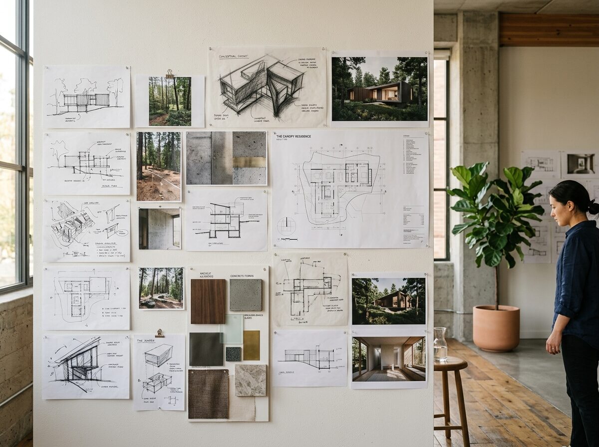 Architectural studio pin-up review wall with sketches and blueprints
