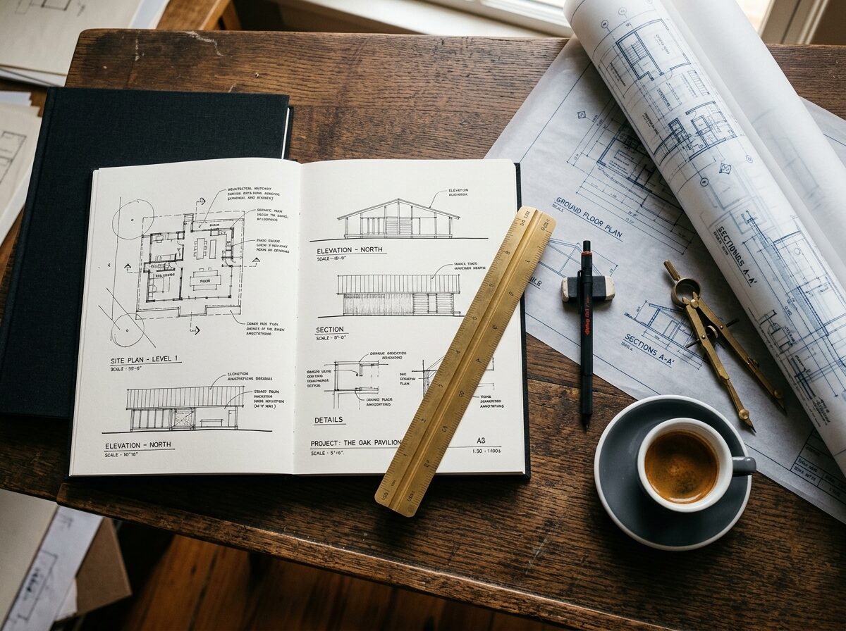 Architect drafting notebook, compass, and rolled blueprints