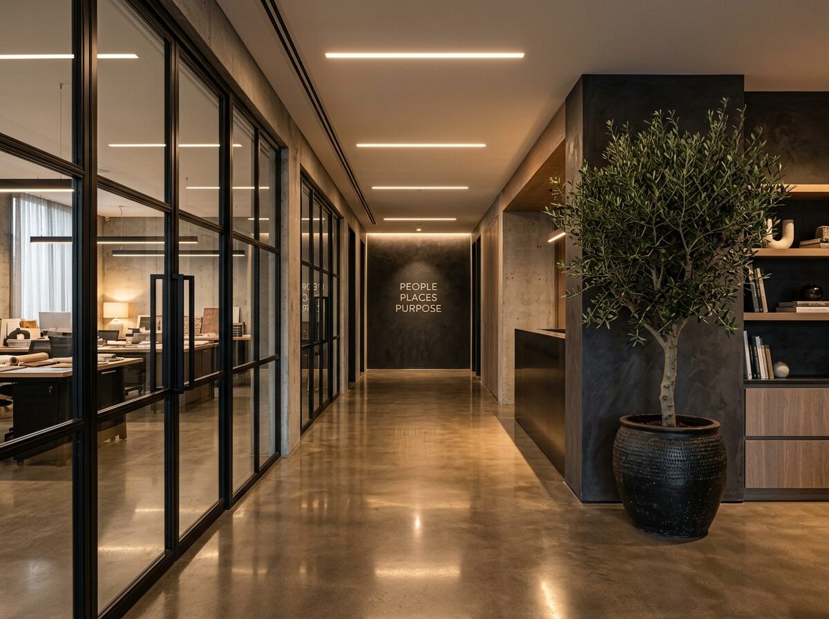 Modern studio glass corridor with People Places Purpose