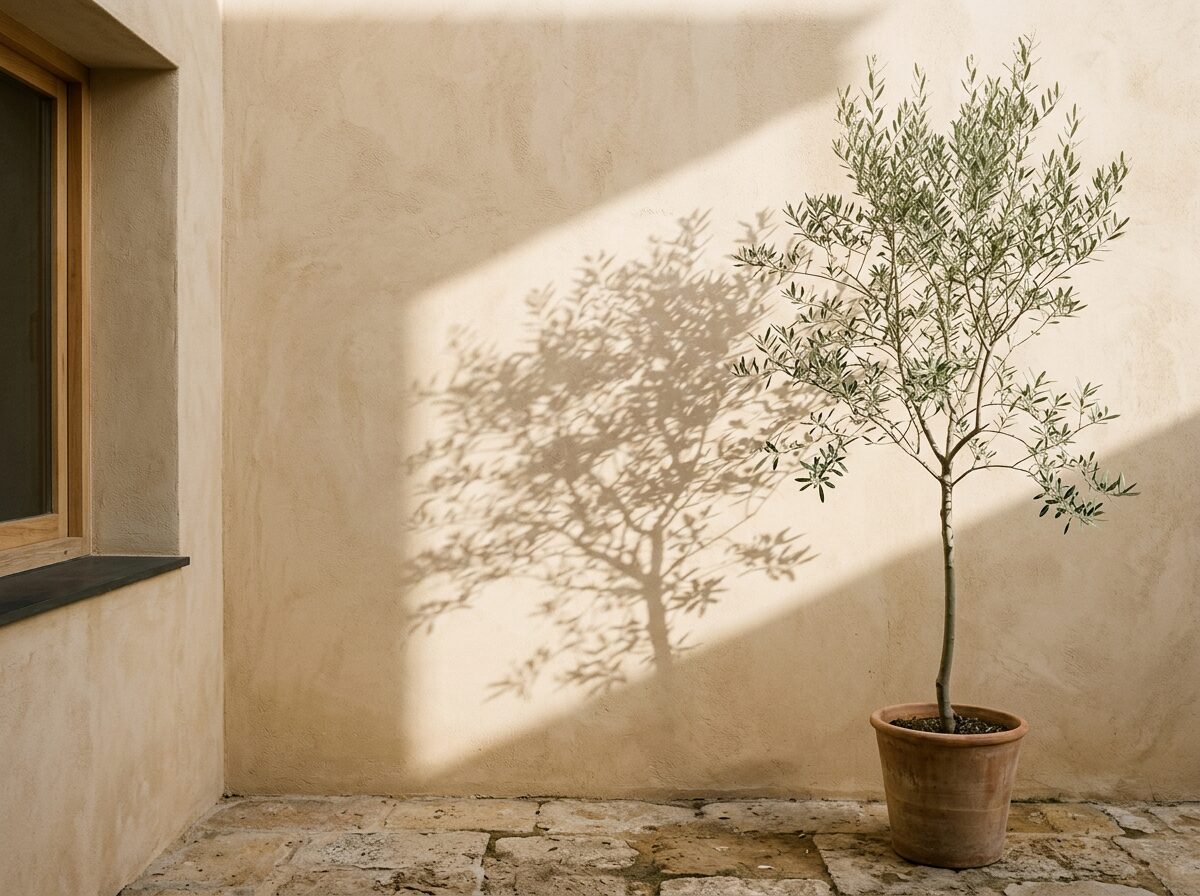 Courtyard olive tree casting natural shadows on warm plaster wall