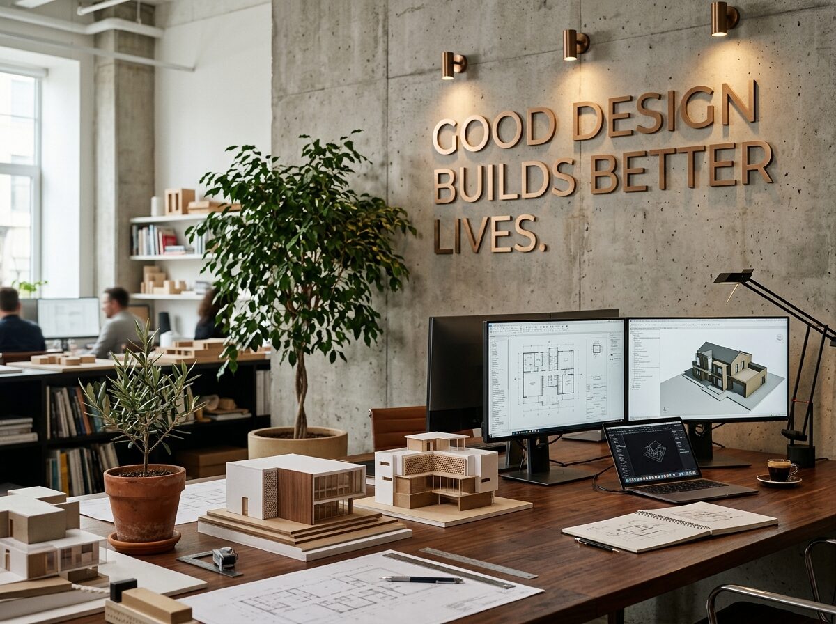 VIWAN studio desk workstation with Good Design Builds Better Lives typography on concrete wall