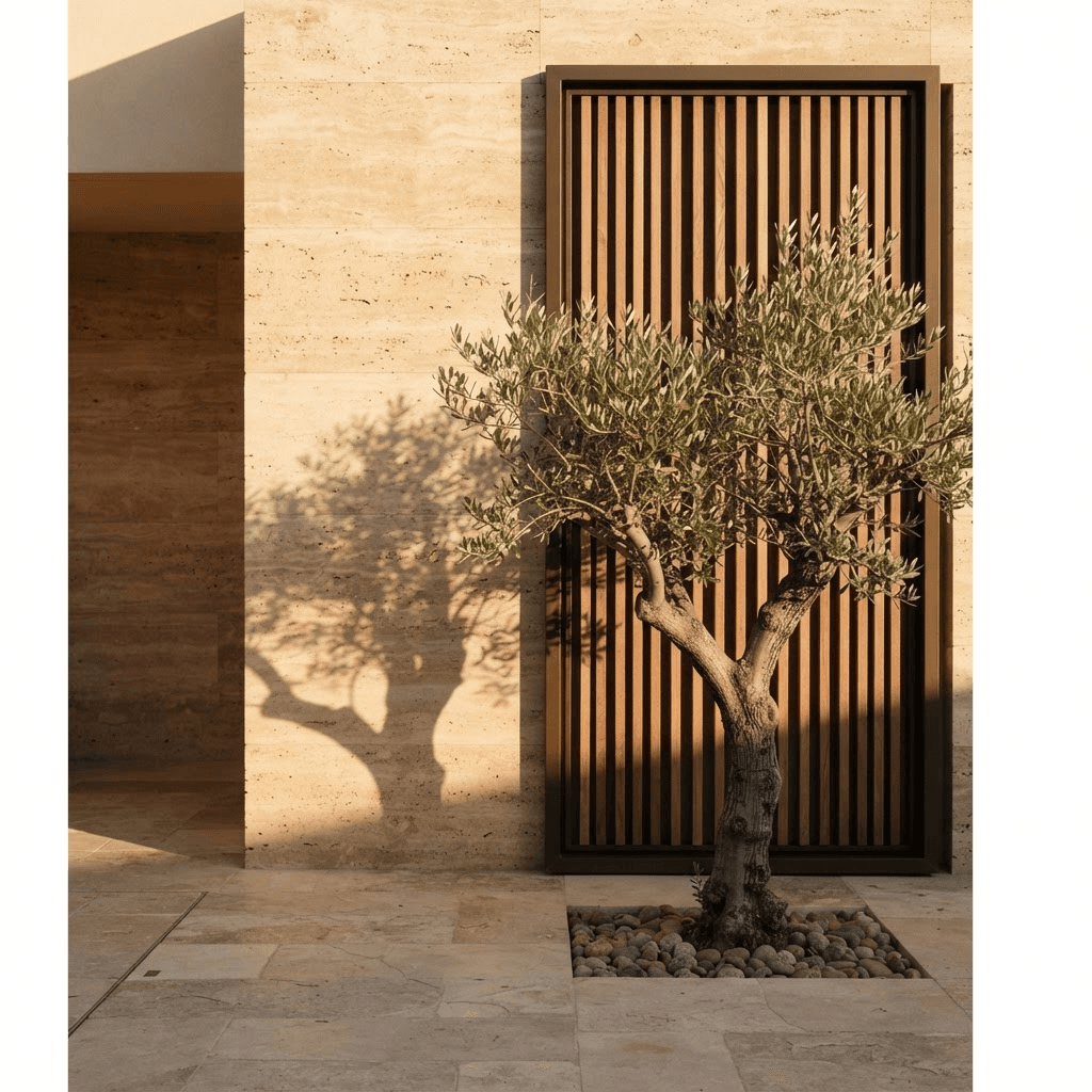 Travertine courtyard with an olive tree and vertical wood screen