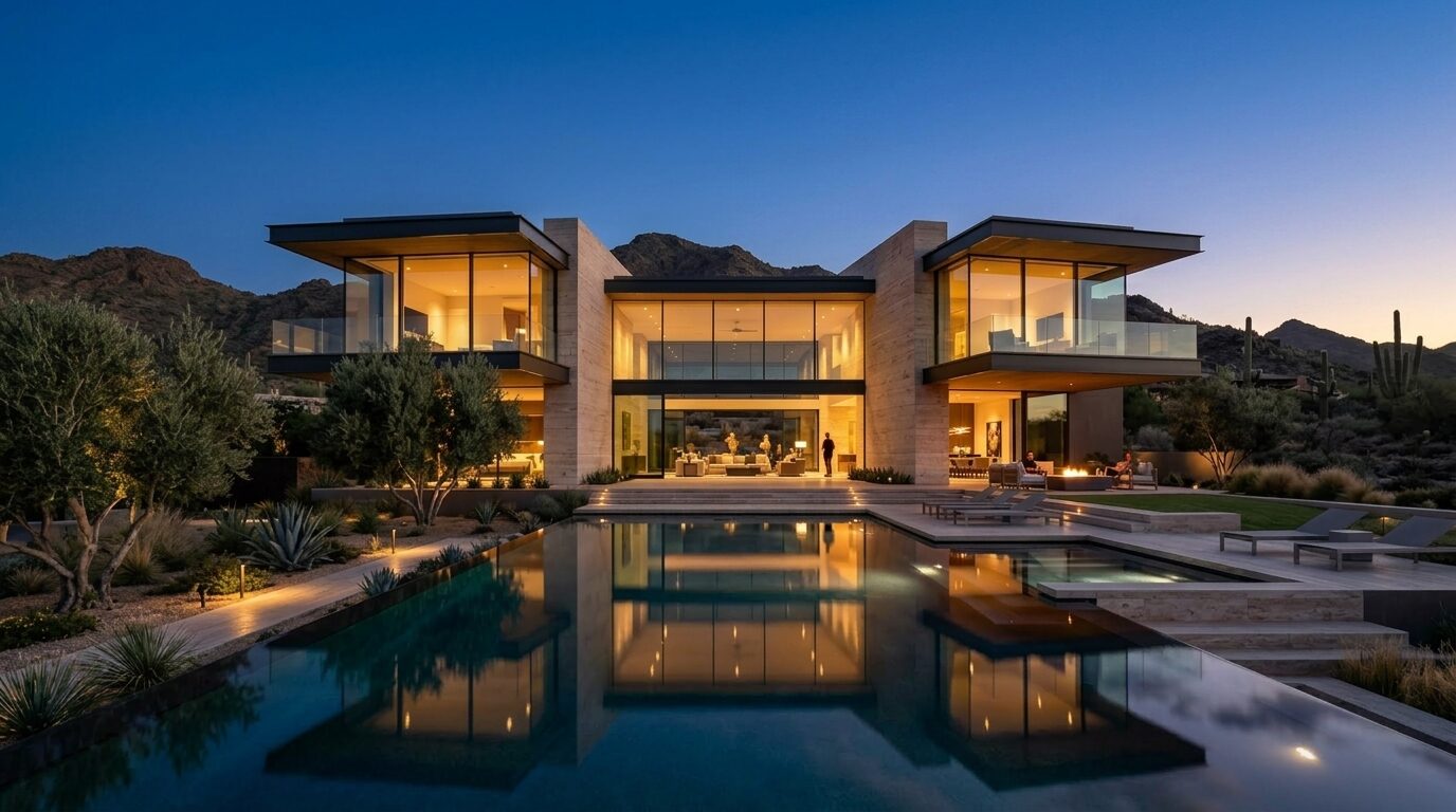 Modern desert villa with cantilevered glass volumes and reflective pool at twilight