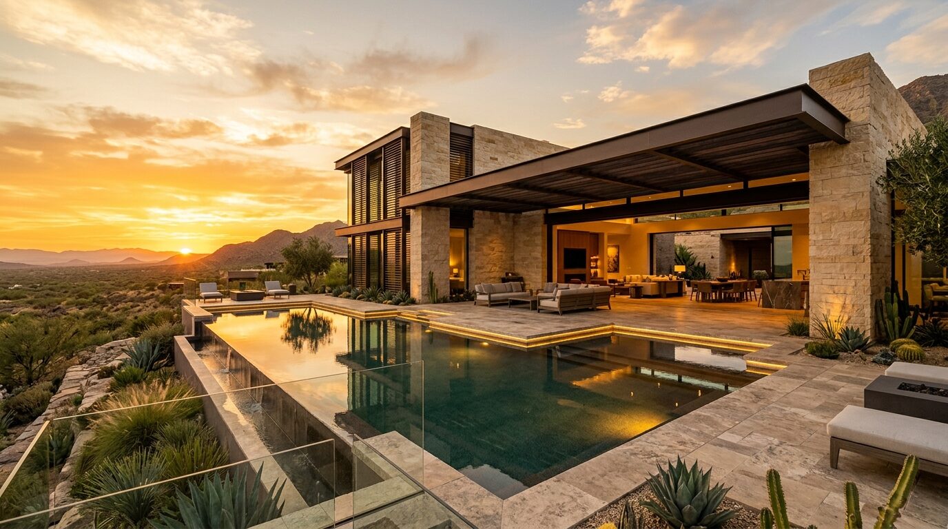 Limestone private villa estate with illuminated pool terrace at sunset