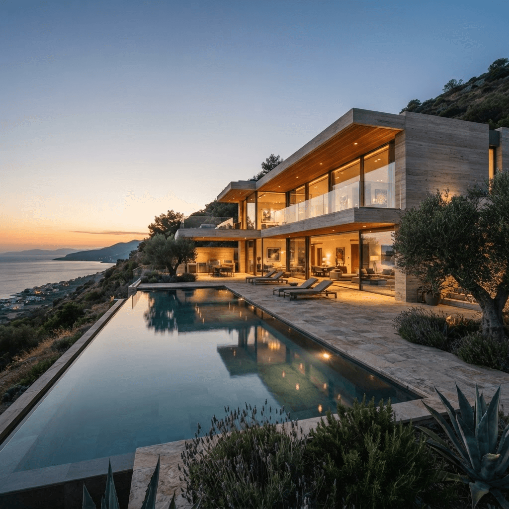 Contemporary villa in stone, glass and wood overlooking an infinity pool at dusk
