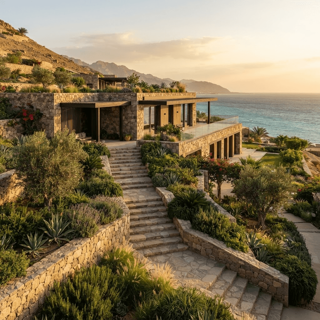 Hillside contemporary villa with floating cantilevered terraces
