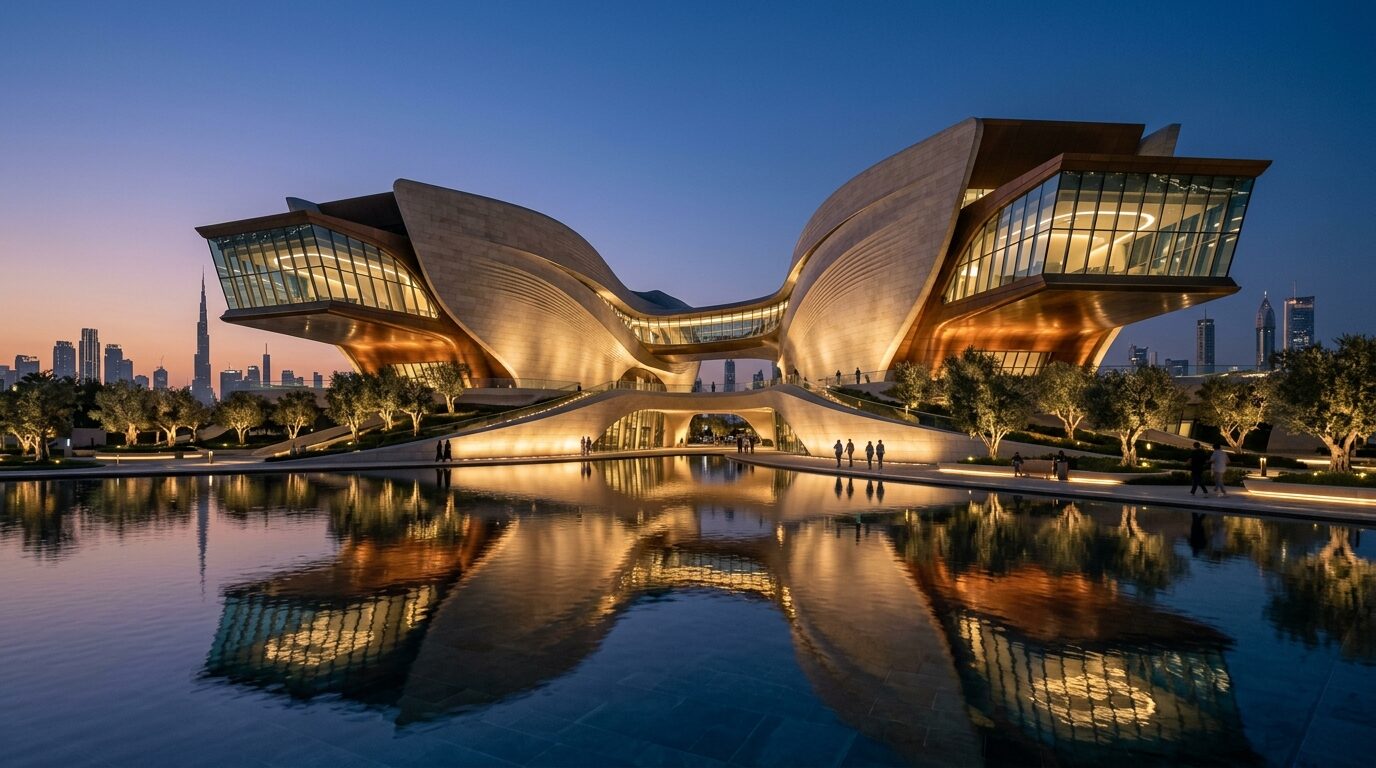 Cinematic landmark architectural masterwork at twilight with cantilevered wings and reflecting pools