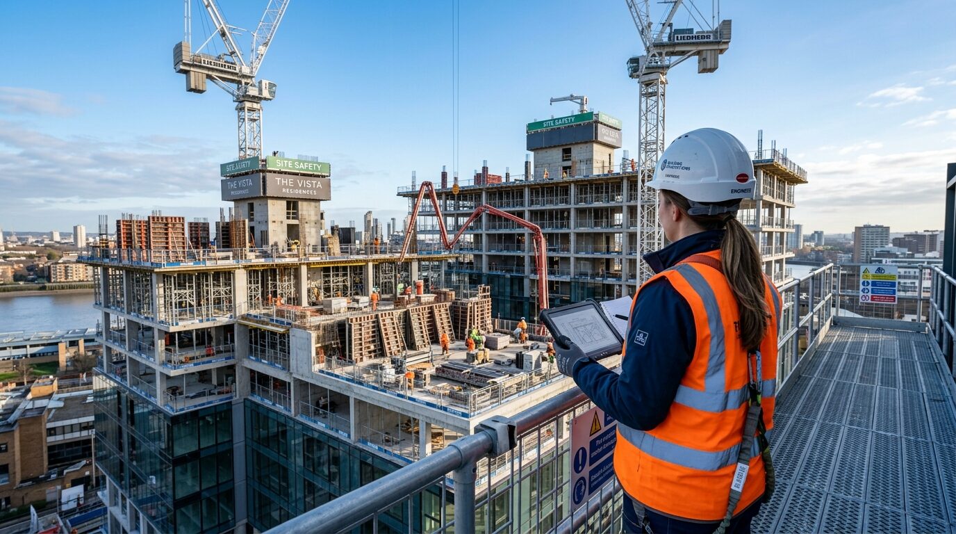 Site engineer in hardhat and safety vest inspecting building under construction