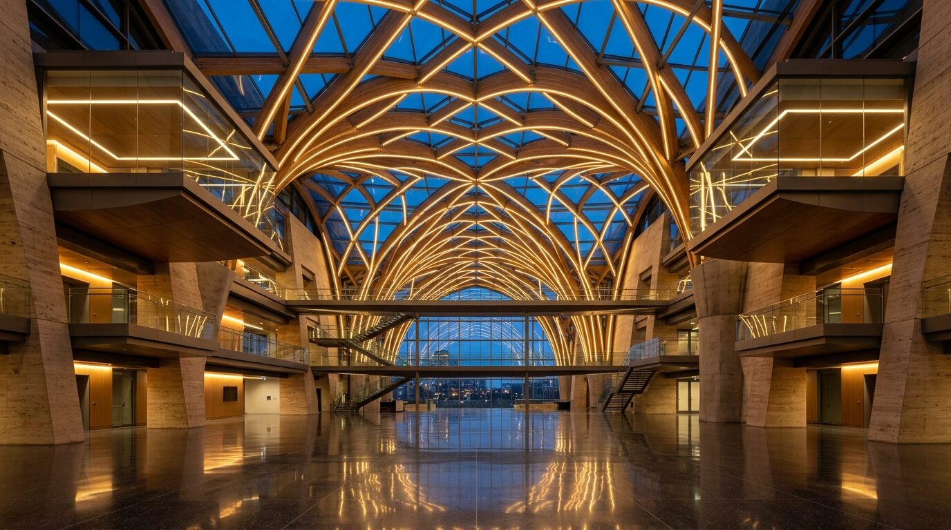 Monumental parametric structural vault and integrated engineering lighting showcasing comprehensive multidisciplinary design solutions